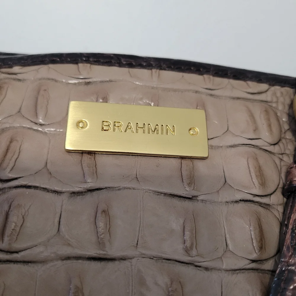 Brahmin Mini Asher Satchel Bag Croc Embossed Rich Dark Brown Grey Tan Luxury